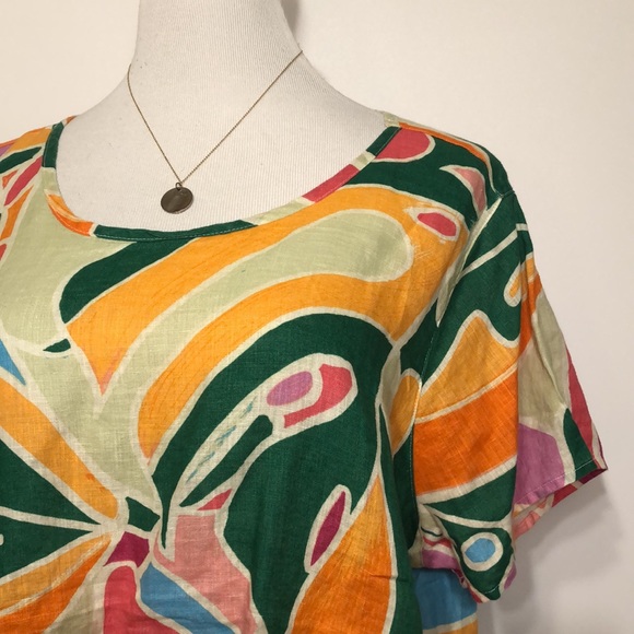 CHRISTIAN SIRIANO-Crewneck LINEN Green,Orange Pink Floral/Tropical Blouse Top 2X - Picture 2 of 10